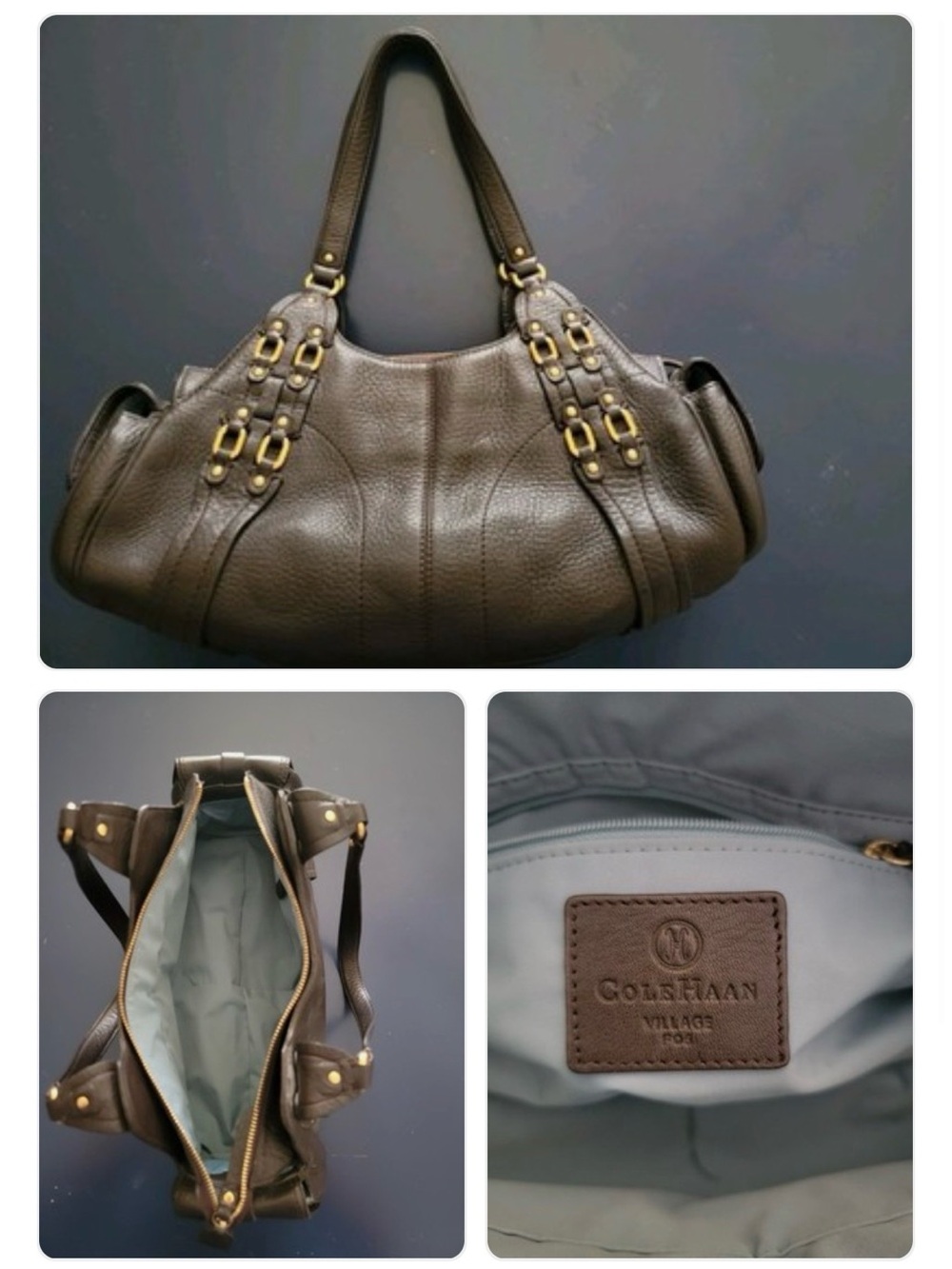 Cole Haan Dark Brown Pebbled Leather Shoulder Tote with Gold Hardware